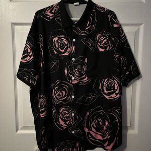 Size XXXL Black Button-Up Hawaiian Shirt w/ Pink Flowers